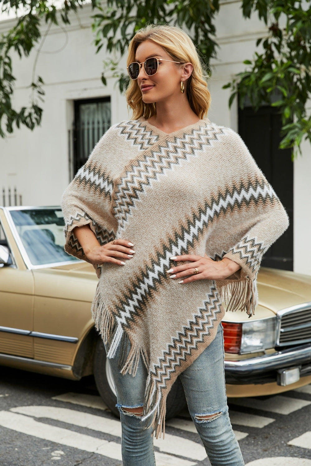 Fringe Hem Striped Cape Sleeve Poncho - Tantalize Boutique
