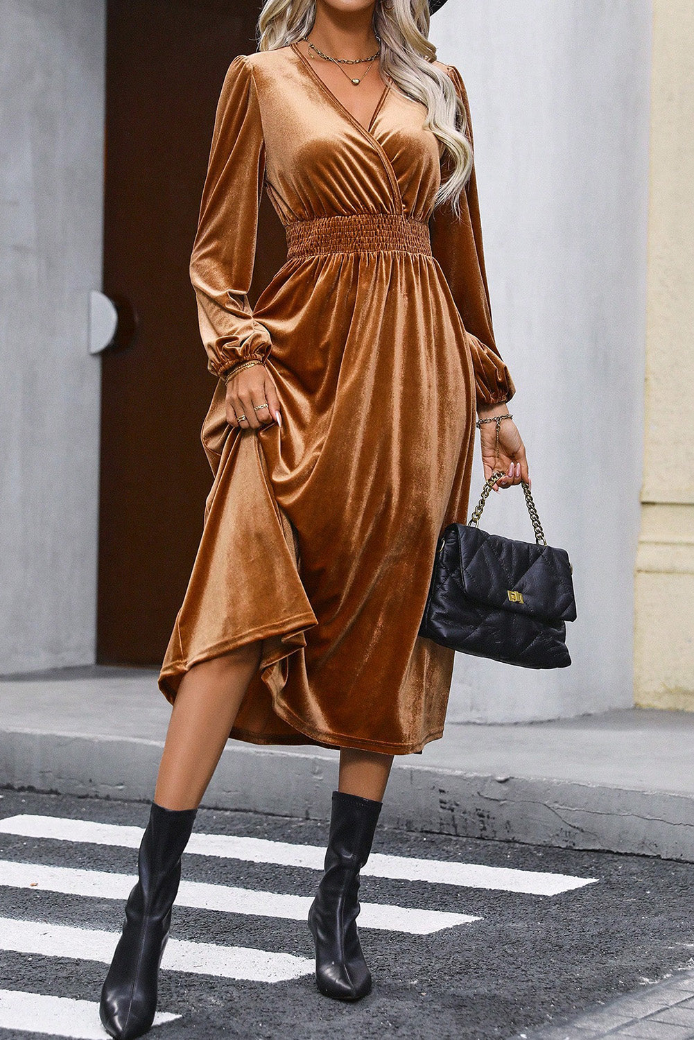 Surplice Balloon Sleeve Smocked Midi Dress - Tantalize Boutique