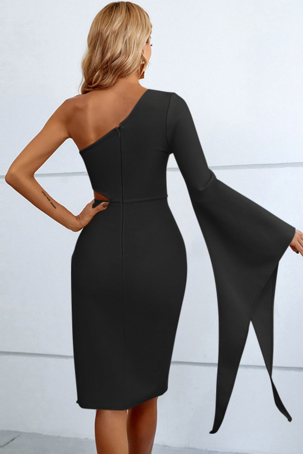 Cutout Split Flare Sleeve One-Shoulder Dress - Tantalize Boutique