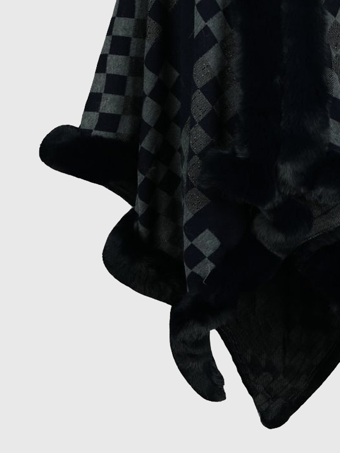 Checkered Faux Fur Trim Poncho - Tantalize Boutique