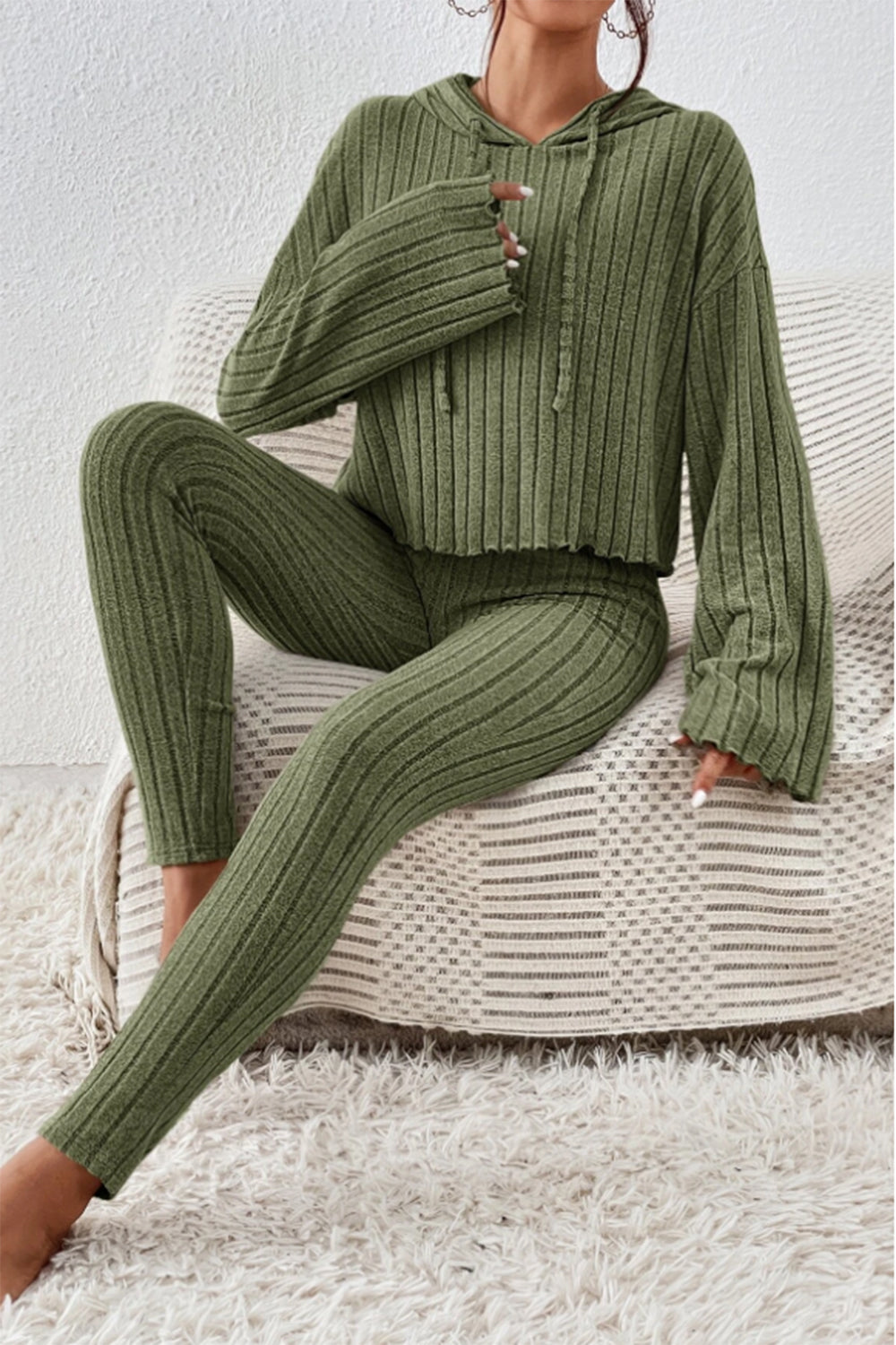 Lettuce Hem Dropped Shoulder Hooded Top and Pants Set - Tantalize Boutique