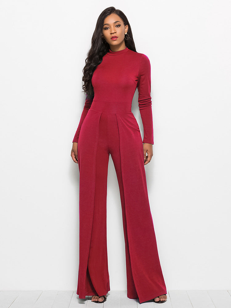 Long Sleeve Mock Neck Wide Leg Jumpsuit - Tantalize Boutique