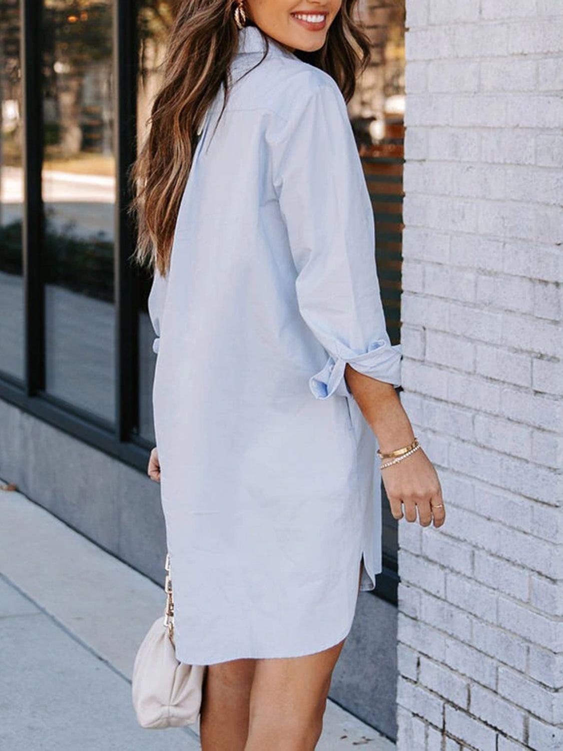 Button Up Collared Neck Long Sleeve Shirt Dress - Tantalize Boutique