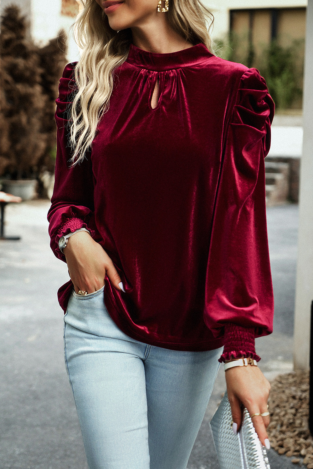 Mock Neck Puff Sleeve Blouse - Tantalize Boutique