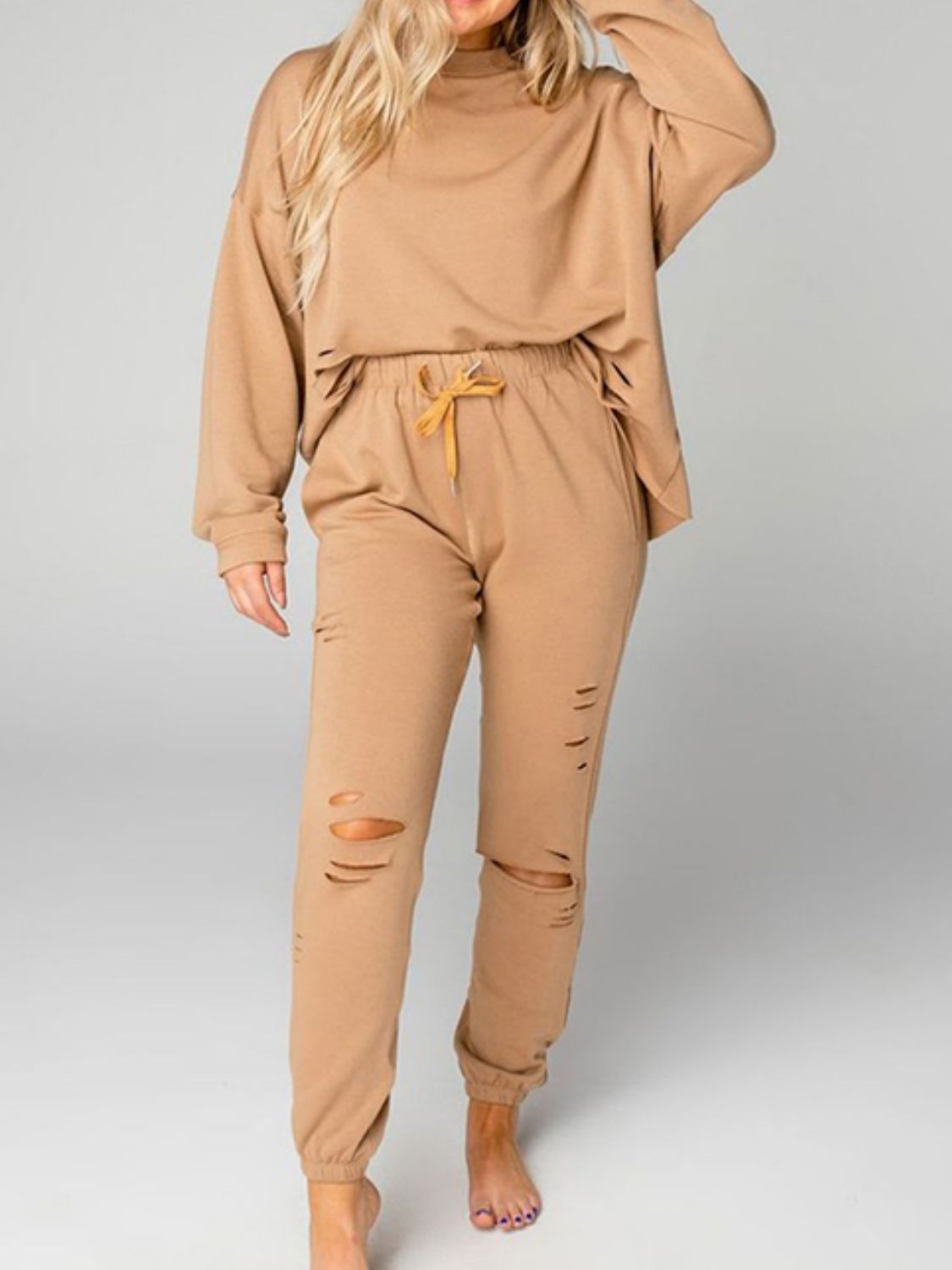 Distressed Sweatshirt and Joggers Set - Tantalize Boutique