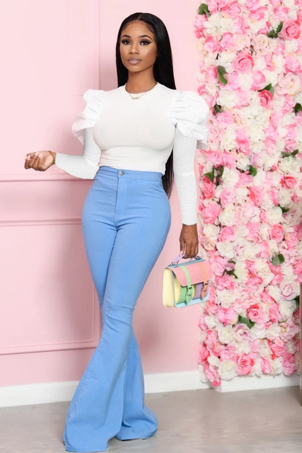 Leg-Of-Mutton Sleeve Top and Flare Pants Set - Tantalize Boutique