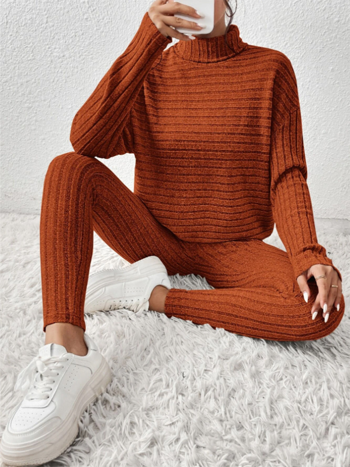 Ribbed Turtleneck Top and Pants Set - Tantalize Boutique