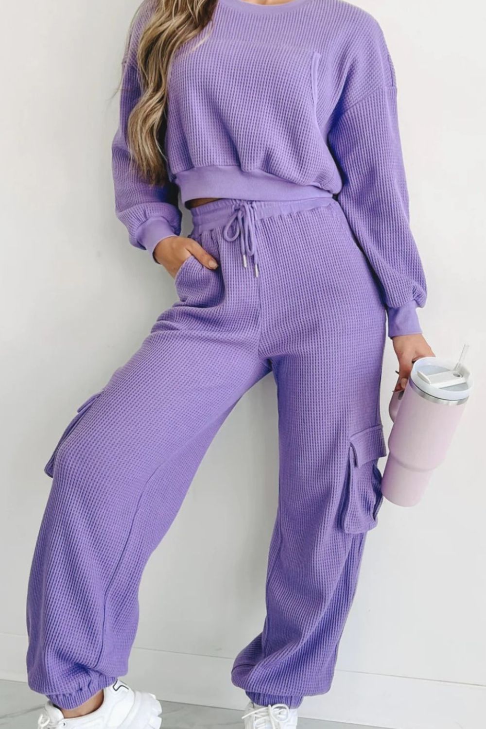 Waffle-knit Top and Drawstring Joggers Set - Tantalize Boutique