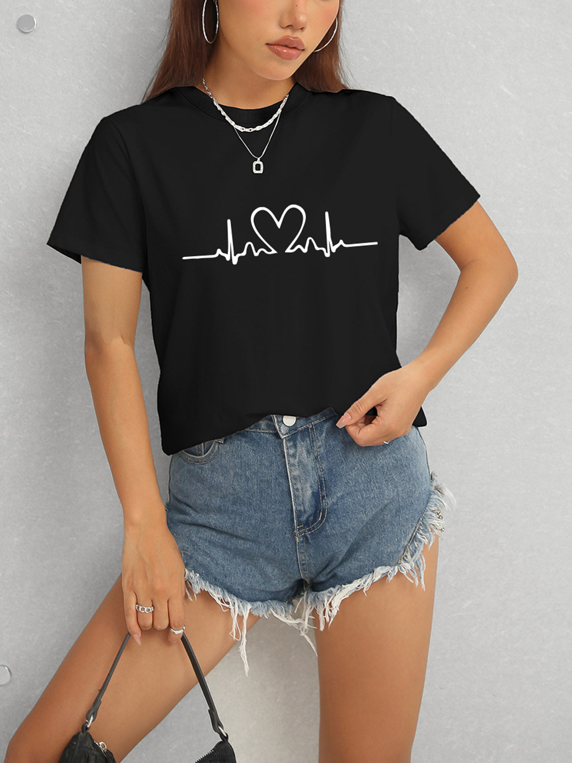 Heart Round Neck Short Sleeve T-Shirt - Tantalize Boutique