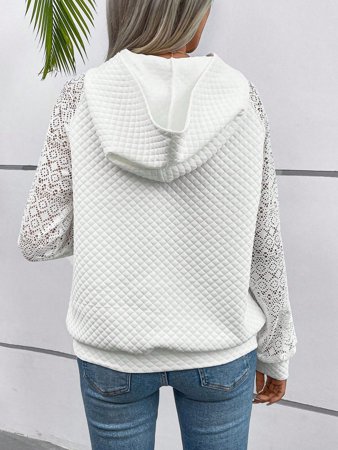 Lace Openwork Kangaroo Pocket Hoodie - Tantalize Boutique