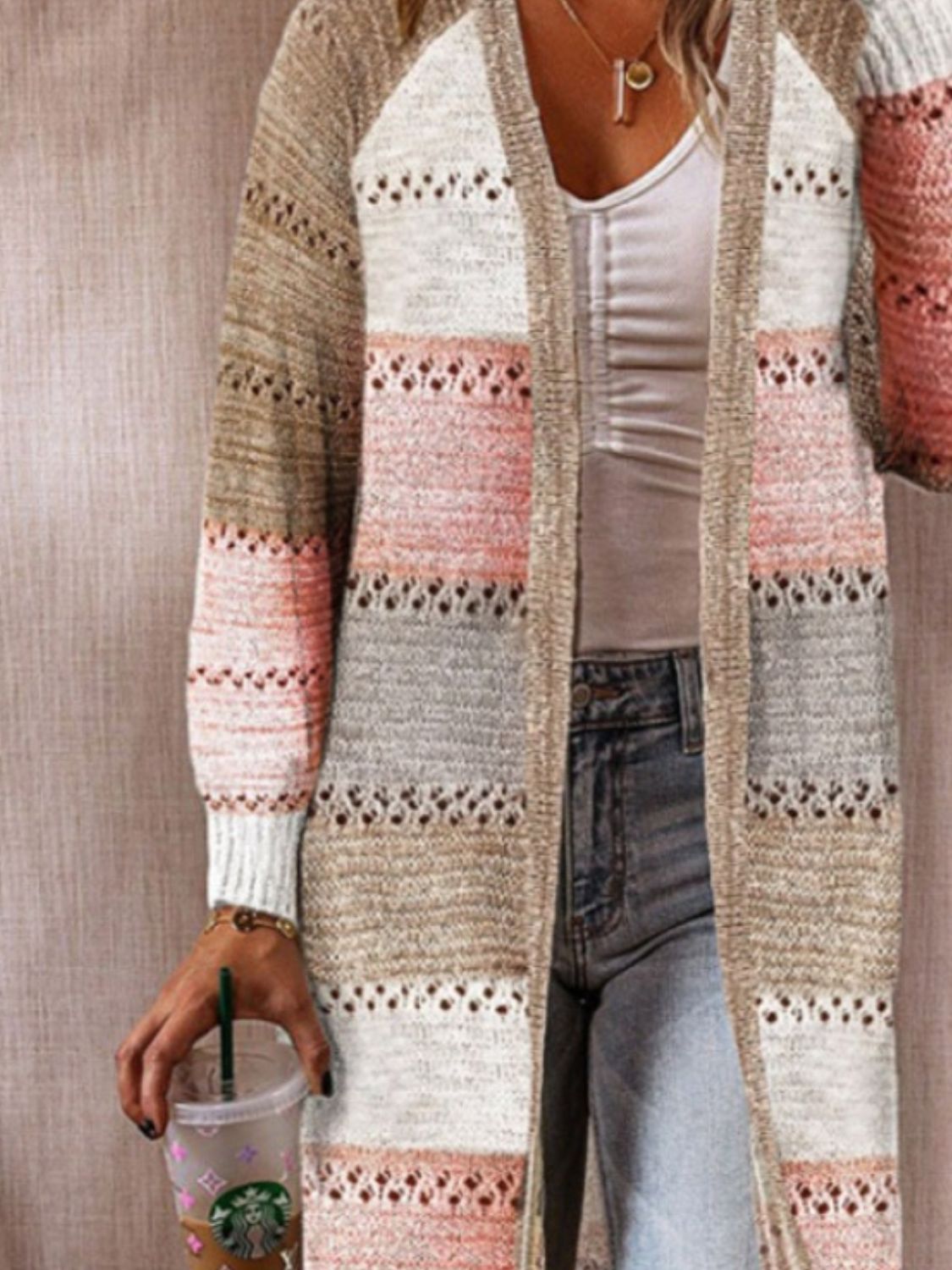 Color Block Open Front Openwork Cardigan - Tantalize Boutique