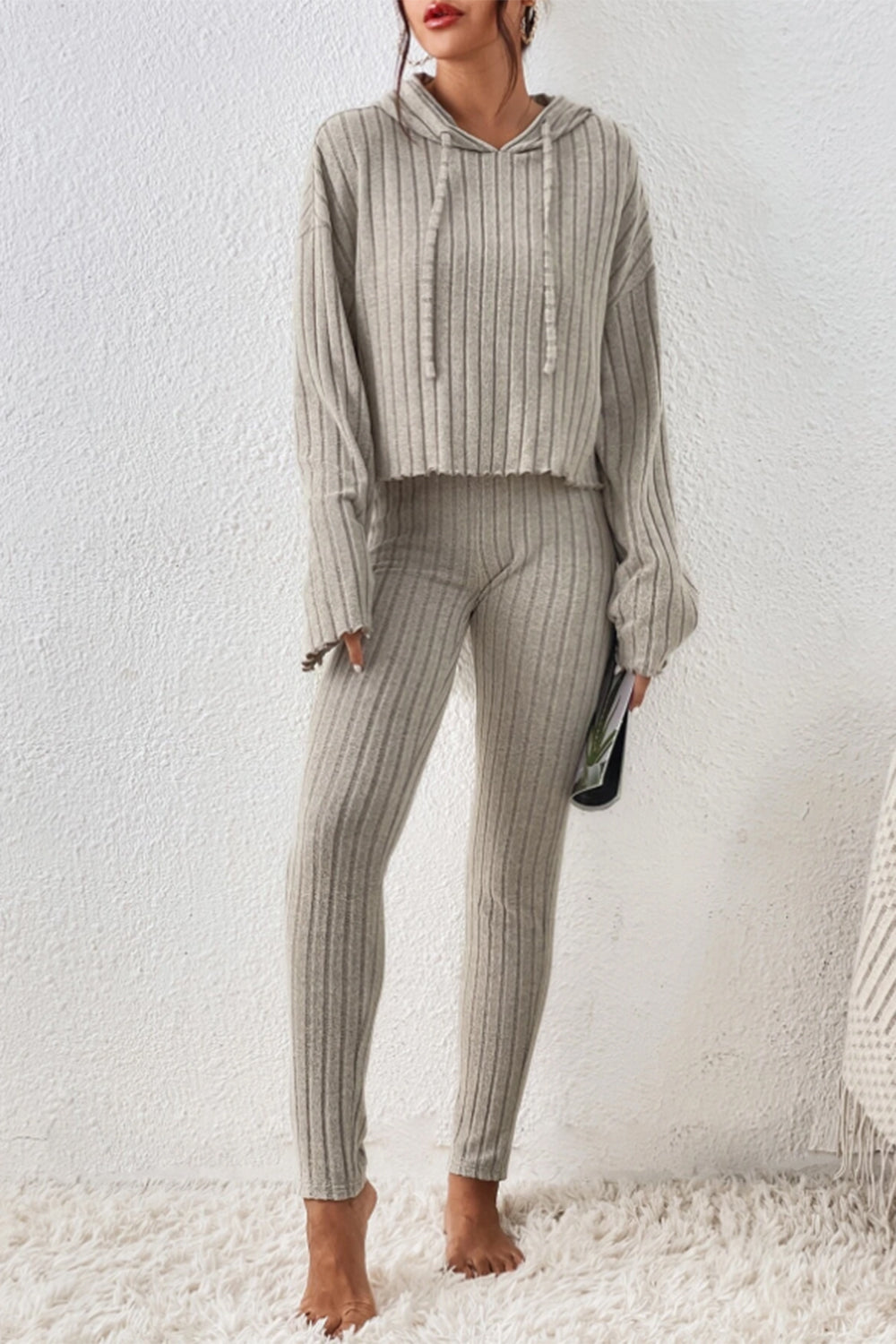 Lettuce Hem Dropped Shoulder Hooded Top and Pants Set - Tantalize Boutique
