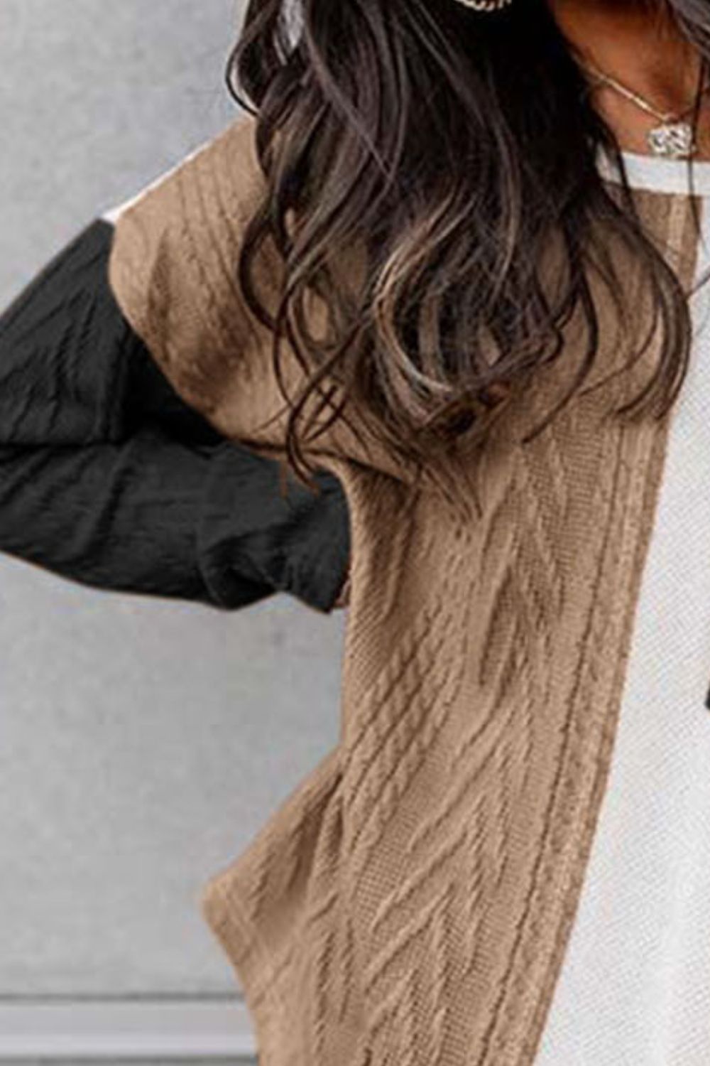 Full Size Color Block Cable-Knit Tops - Tantalize Boutique