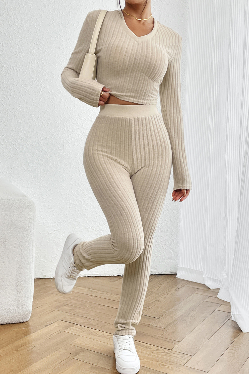 Ribbed V-Neck Long Sleeve Cropped Top and Pants Set - Tantalize Boutique