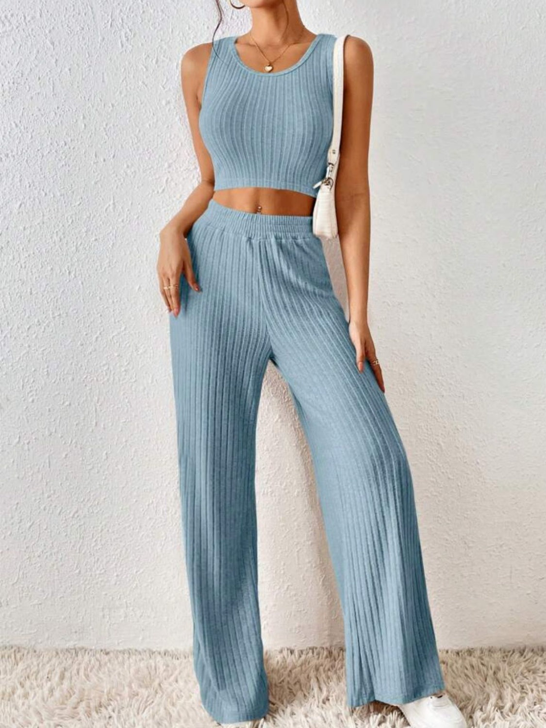 Ribbed Round Neck Tank and Pants Sweater Set - Tantalize Boutique