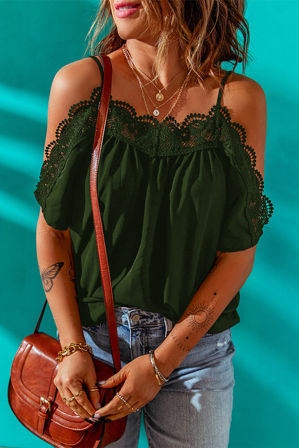 Spaghetti Strap Cold-Shoulder Lace Trim Blouse - Tantalize Boutique