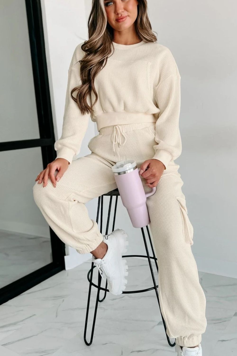 Waffle-knit Top and Drawstring Joggers Set - Tantalize Boutique