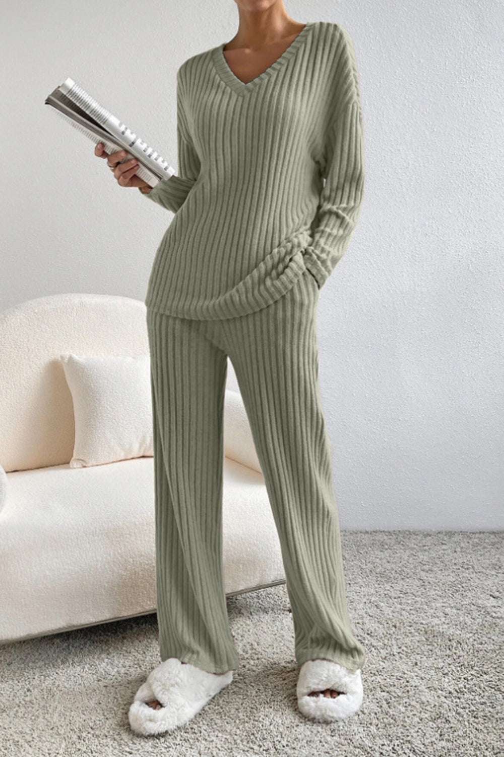 Ribbed V-Neck Top and Pants Set - Tantalize Boutique