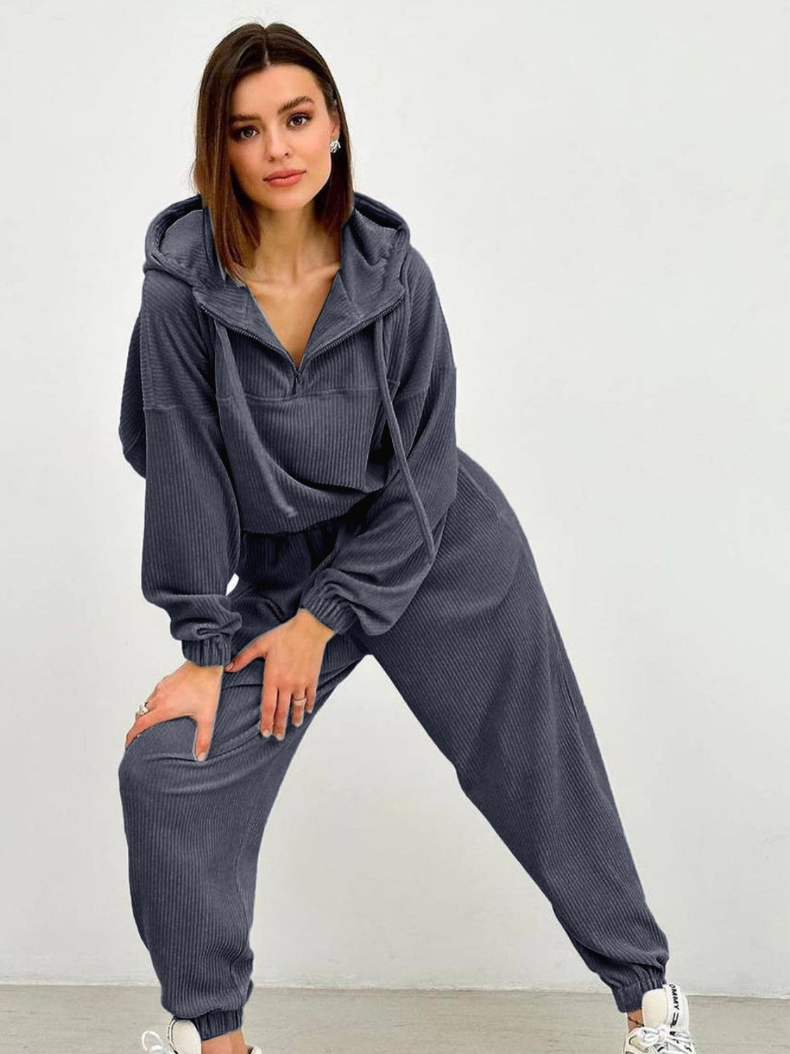 Half Zip Drawstring Hoodie and Pants Set - Tantalize Boutique