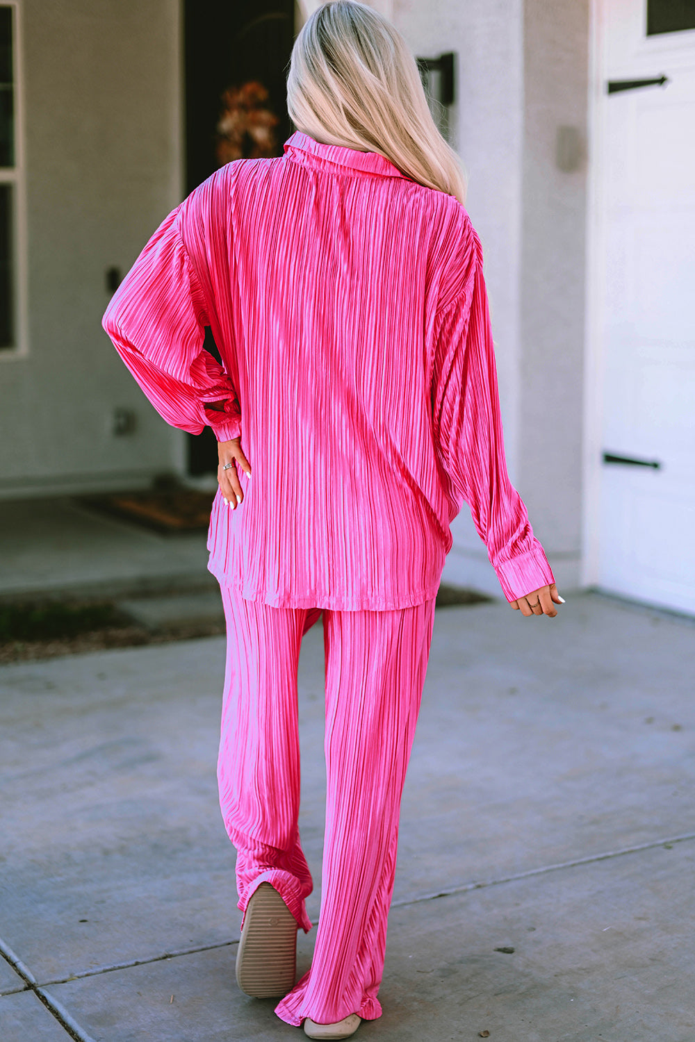 Pleated Button Up Shirt and Wide-Leg Pants Set - Tantalize Boutique
