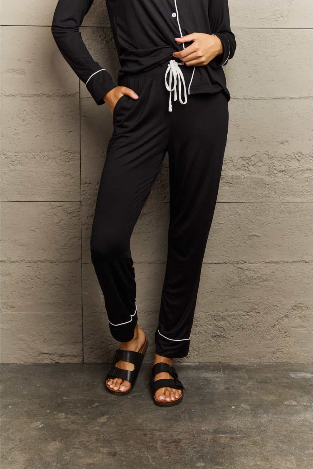 Ninexis Buttoned Collared Neck Top and Pants Pajama Set - Tantalize Boutique