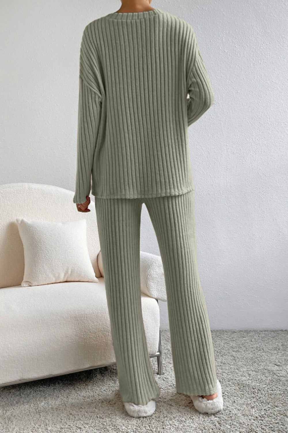 Ribbed V-Neck Top and Pants Set - Tantalize Boutique