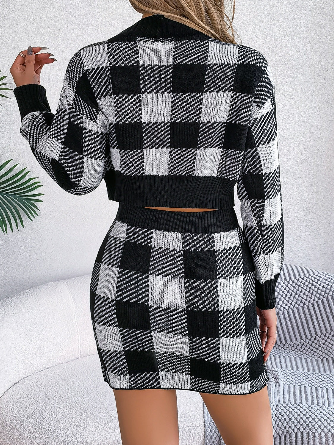 Plaid Round Neck Top and Skirt Sweater Set - Tantalize Boutique