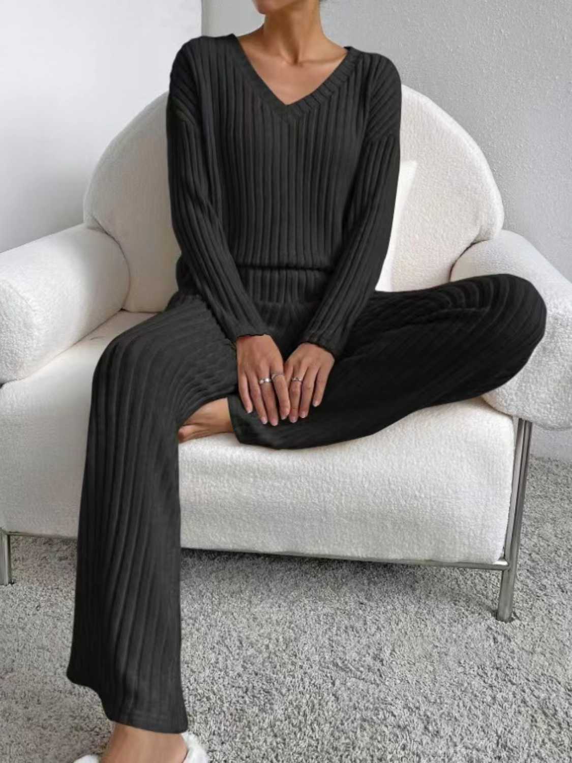 Ribbed V-Neck Long Sleeve Top and Pants Set - Tantalize Boutique