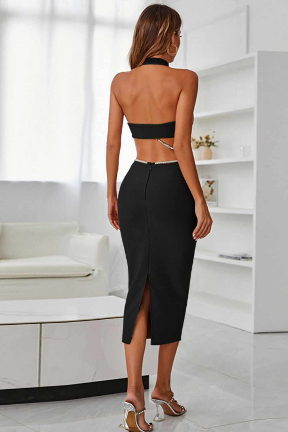 Rhinestone Halter Neck Cutout Slit Midi Dress - Tantalize Boutique