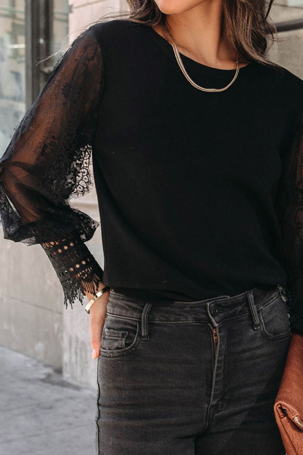 Lace Detail Mesh Lantern Sleeve Blouse - Tantalize Boutique