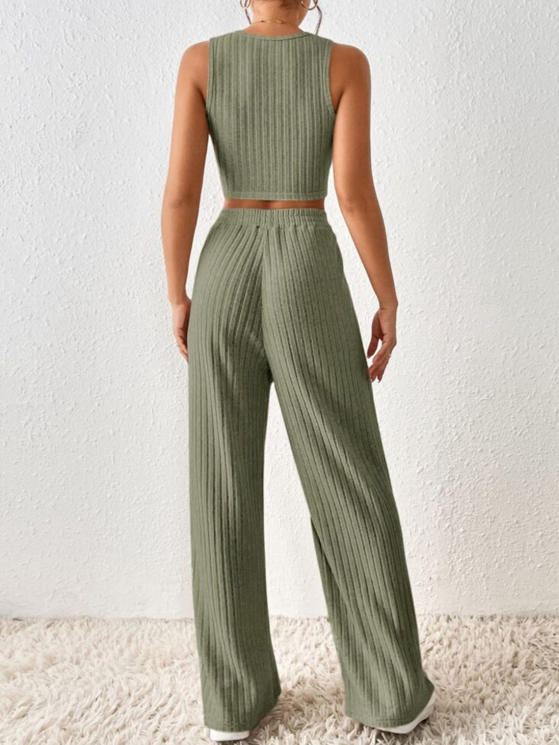 Ribbed Round Neck Tank and Pants Sweater Set - Tantalize Boutique