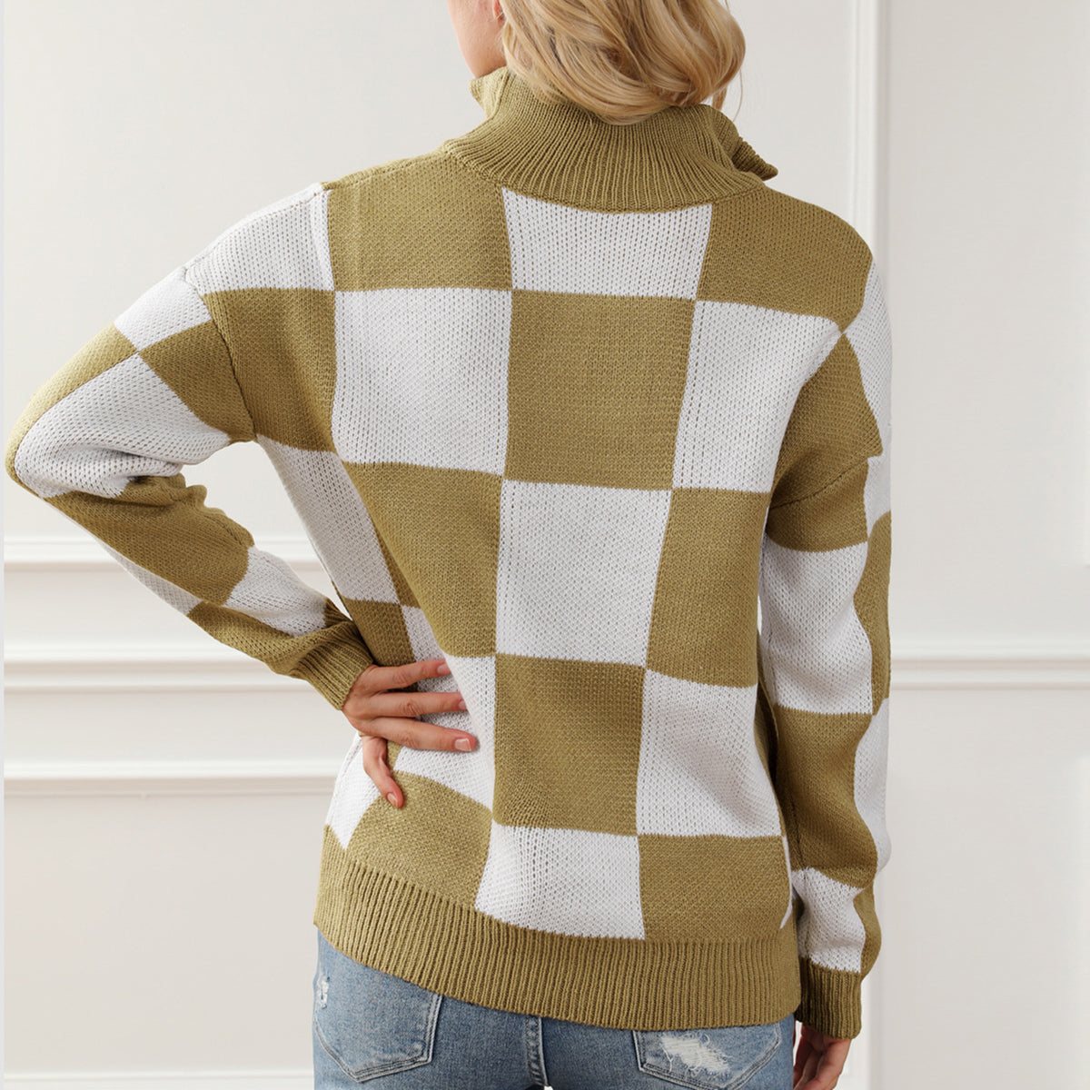 Checkered Half Zip Long Sleeve Sweater - Tantalize Boutique