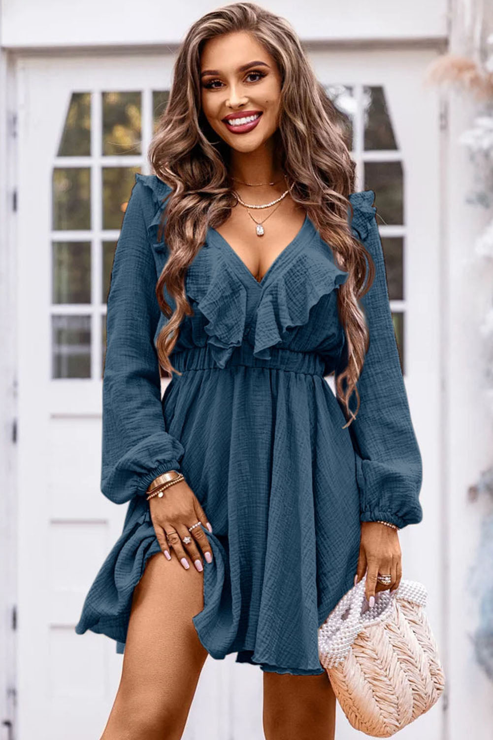 Ruffle Trim V-Neck Long Sleeve Mini Dress - Tantalize Boutique