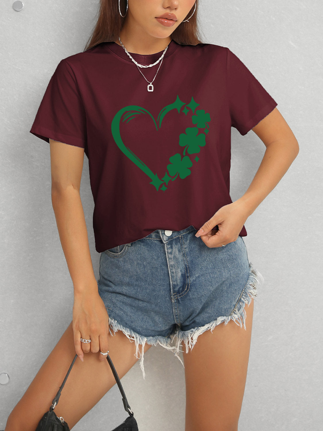 Heart Lucky Clover Round Neck Short Sleeve T-Shirt - Tantalize Boutique