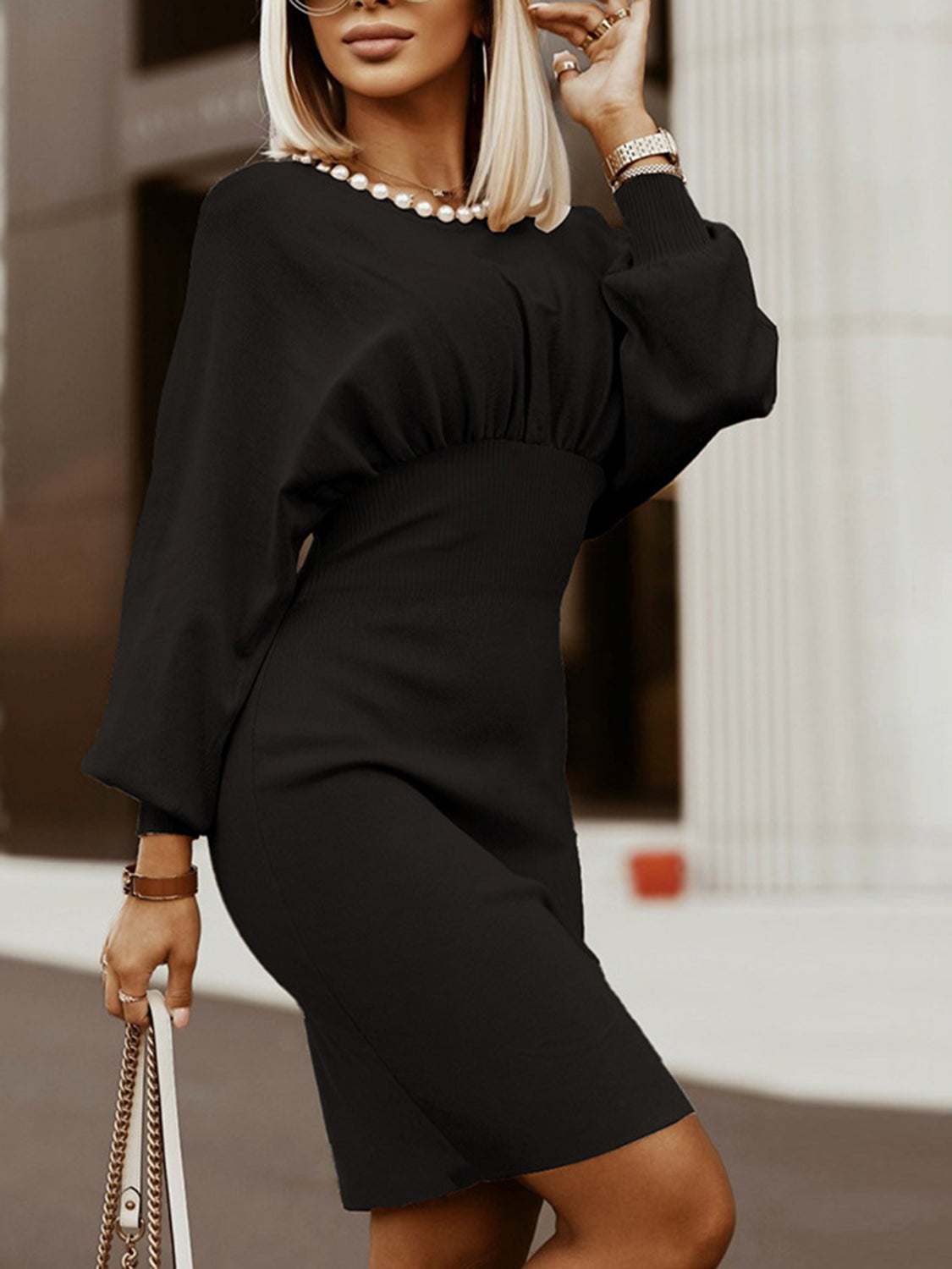 Round Neck Lantern Sleeve Dress - Tantalize Boutique