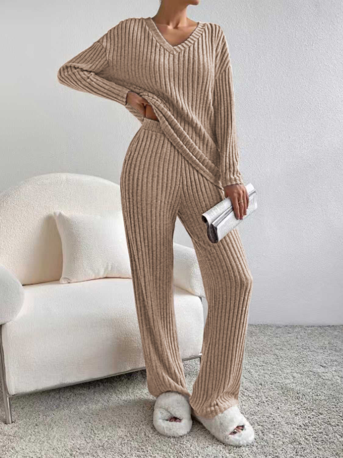 Ribbed V-Neck Long Sleeve Top and Pants Set - Tantalize Boutique