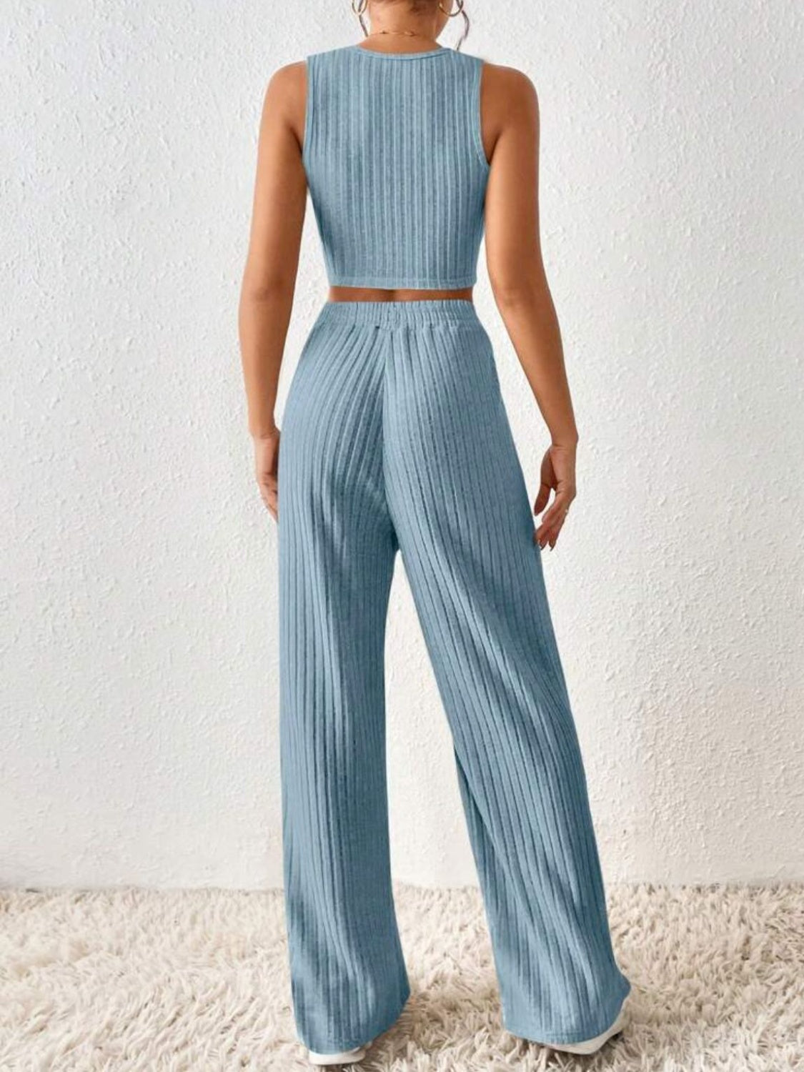 Ribbed Round Neck Tank and Pants Sweater Set - Tantalize Boutique