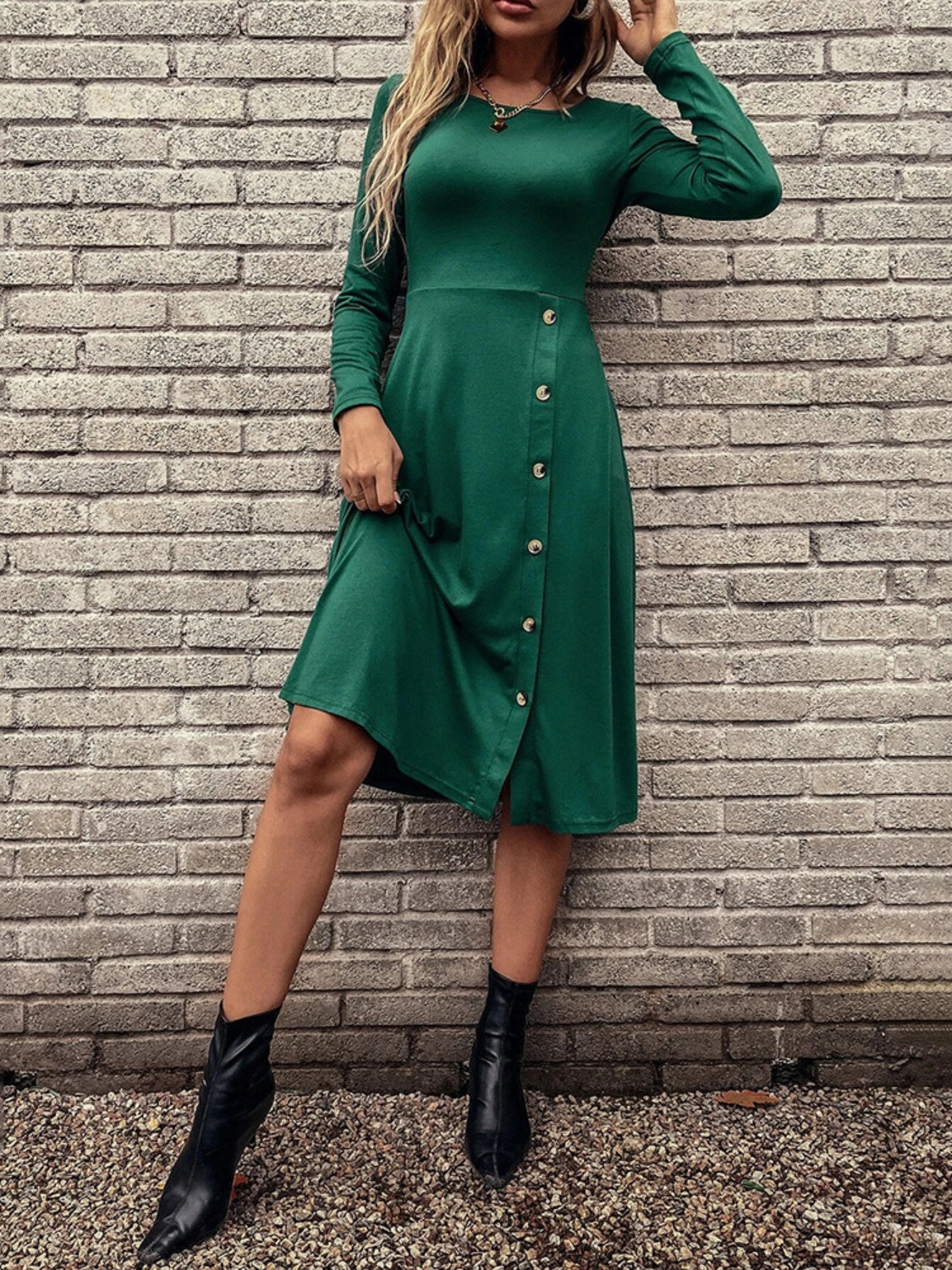 Slit Buttoned Round Neck Long Sleeve Dress - Tantalize Boutique