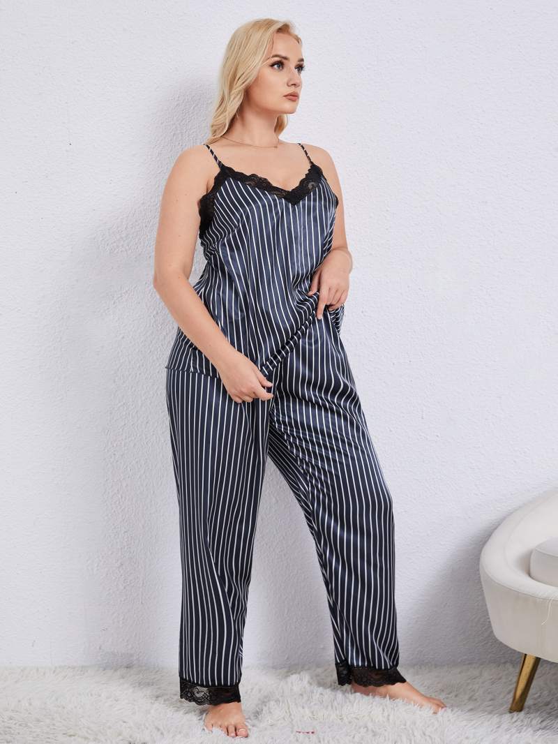 Plus Size Vertical Stripe Lace Trim Cami and Pants Pajama Set - Tantalize Boutique