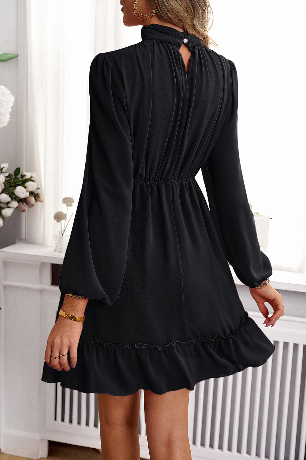 Frill Ruched Mock Neck Balloon Sleeve Dress - Tantalize Boutique