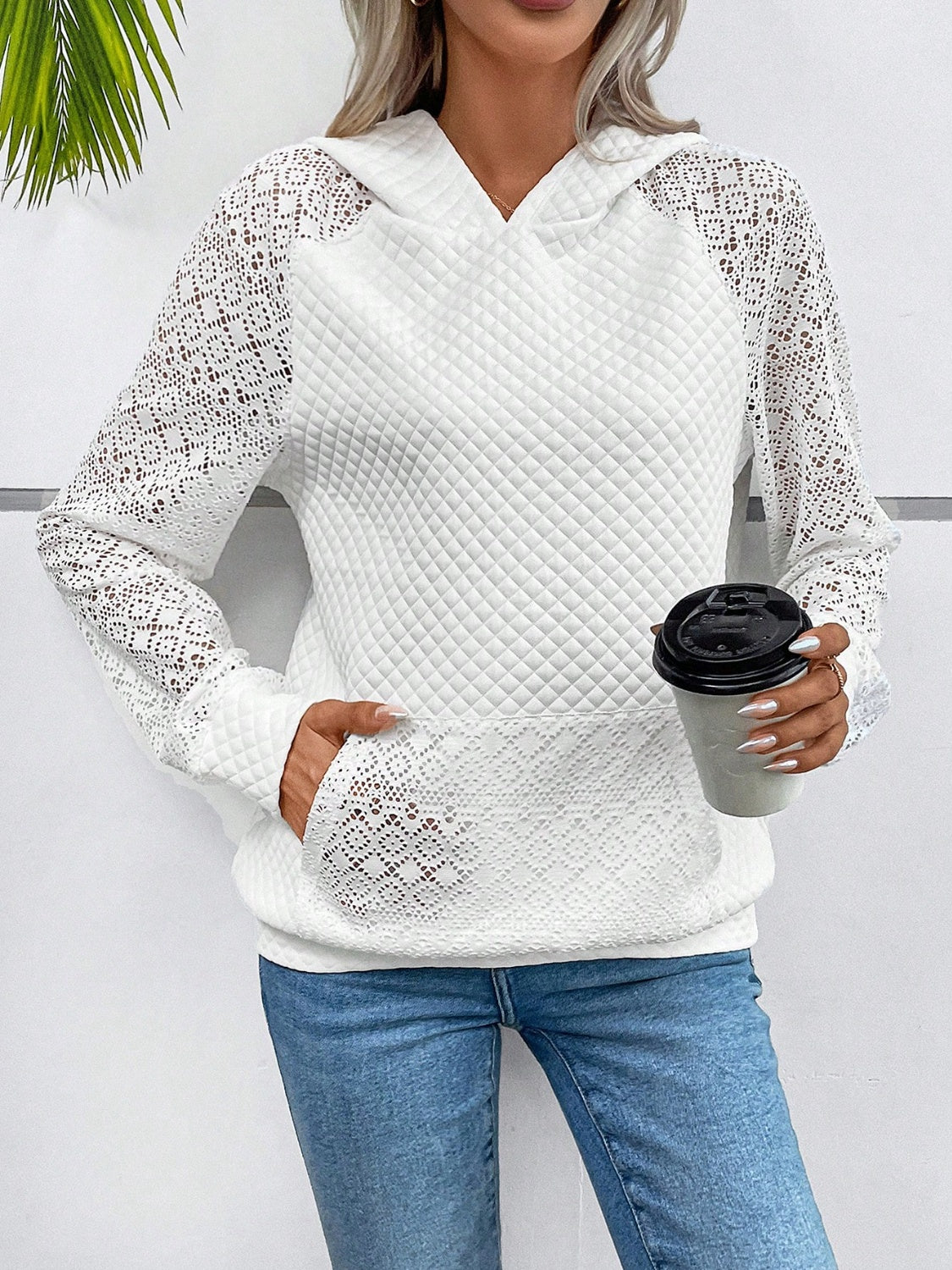 Lace Openwork Kangaroo Pocket Hoodie - Tantalize Boutique
