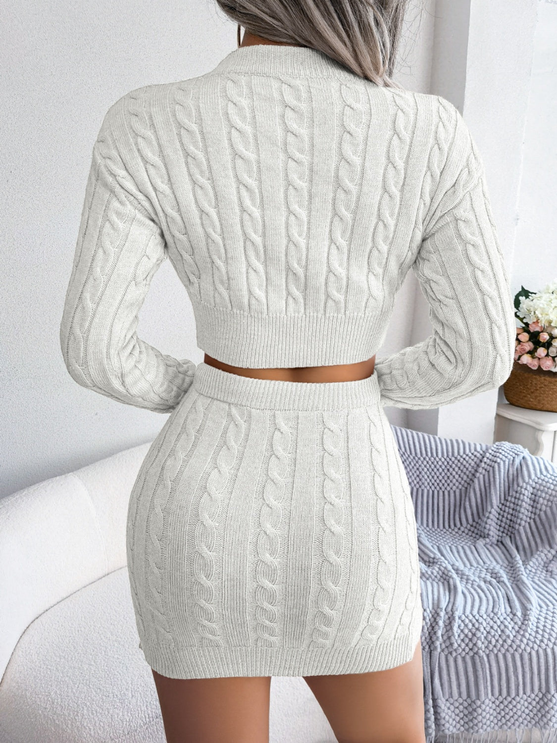 Cable-Knit Round Neck Top and Skirt Sweater Set - Tantalize Boutique