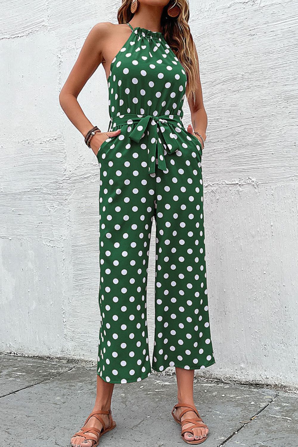 Polka Dot Grecian Wide Leg Jumpsuit - Tantalize Boutique