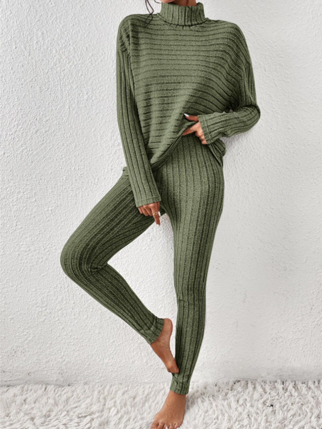 Ribbed Turtleneck Top and Pants Set - Tantalize Boutique