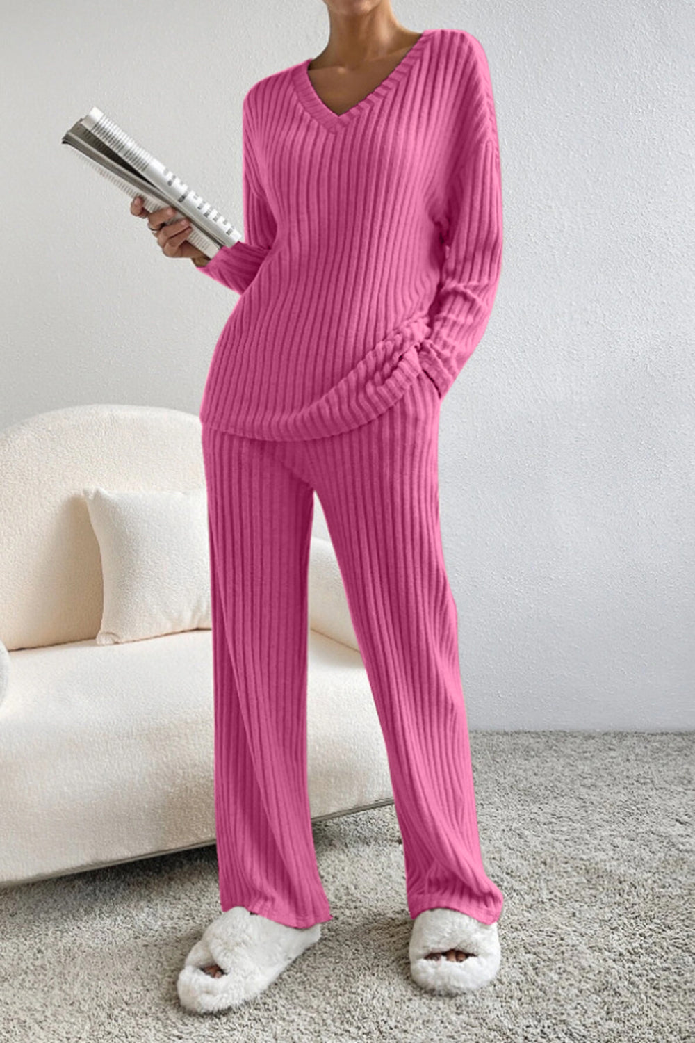 Ribbed V-Neck Top and Pants Set - Tantalize Boutique