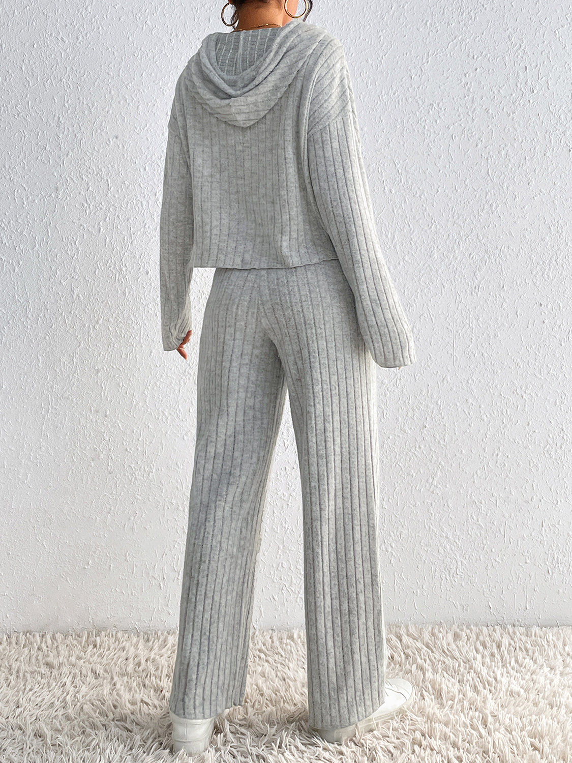 Drawstring Ribbed Hoodie and Straight Leg Pants Set - Tantalize Boutique