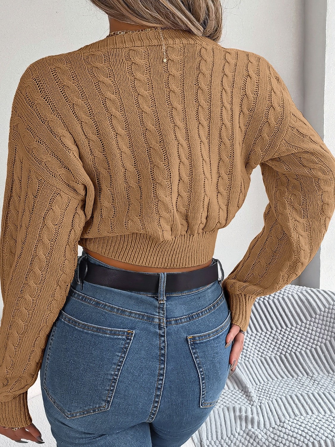 Twisted Cable-Knit V-Neck Sweater - Tantalize Boutique