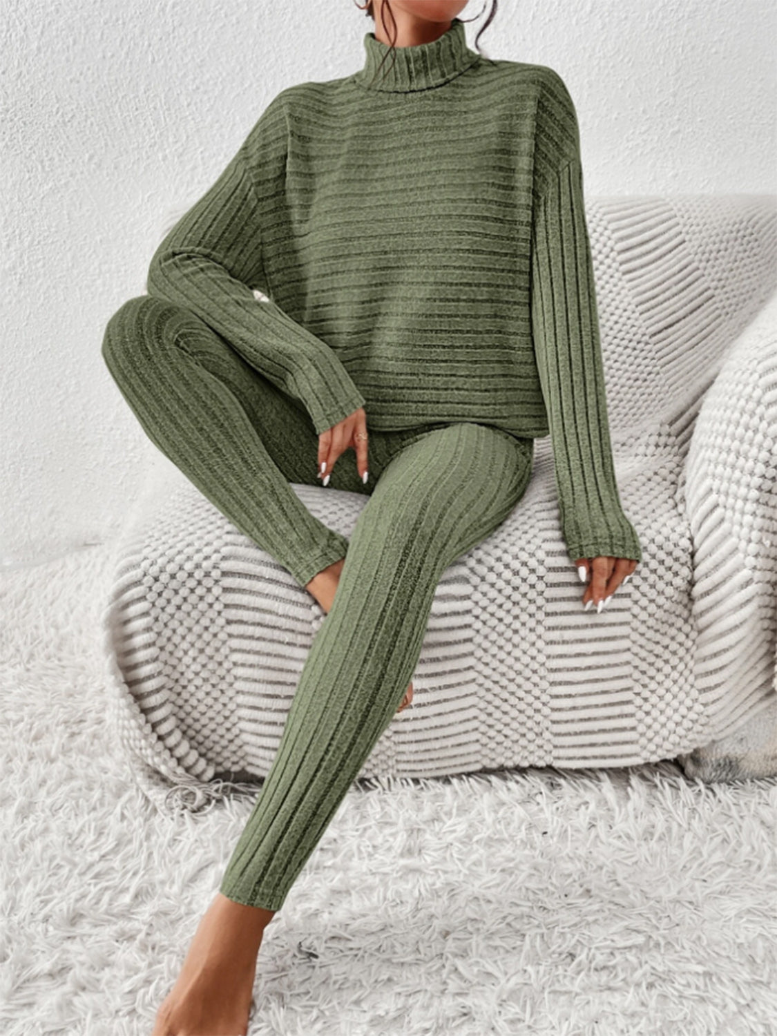 Ribbed Turtleneck Top and Pants Set - Tantalize Boutique