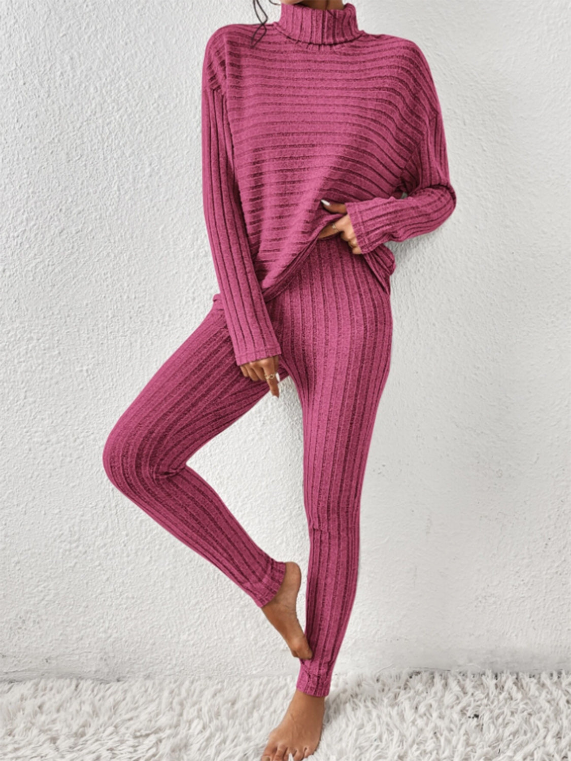 Ribbed Turtleneck Top and Pants Set - Tantalize Boutique