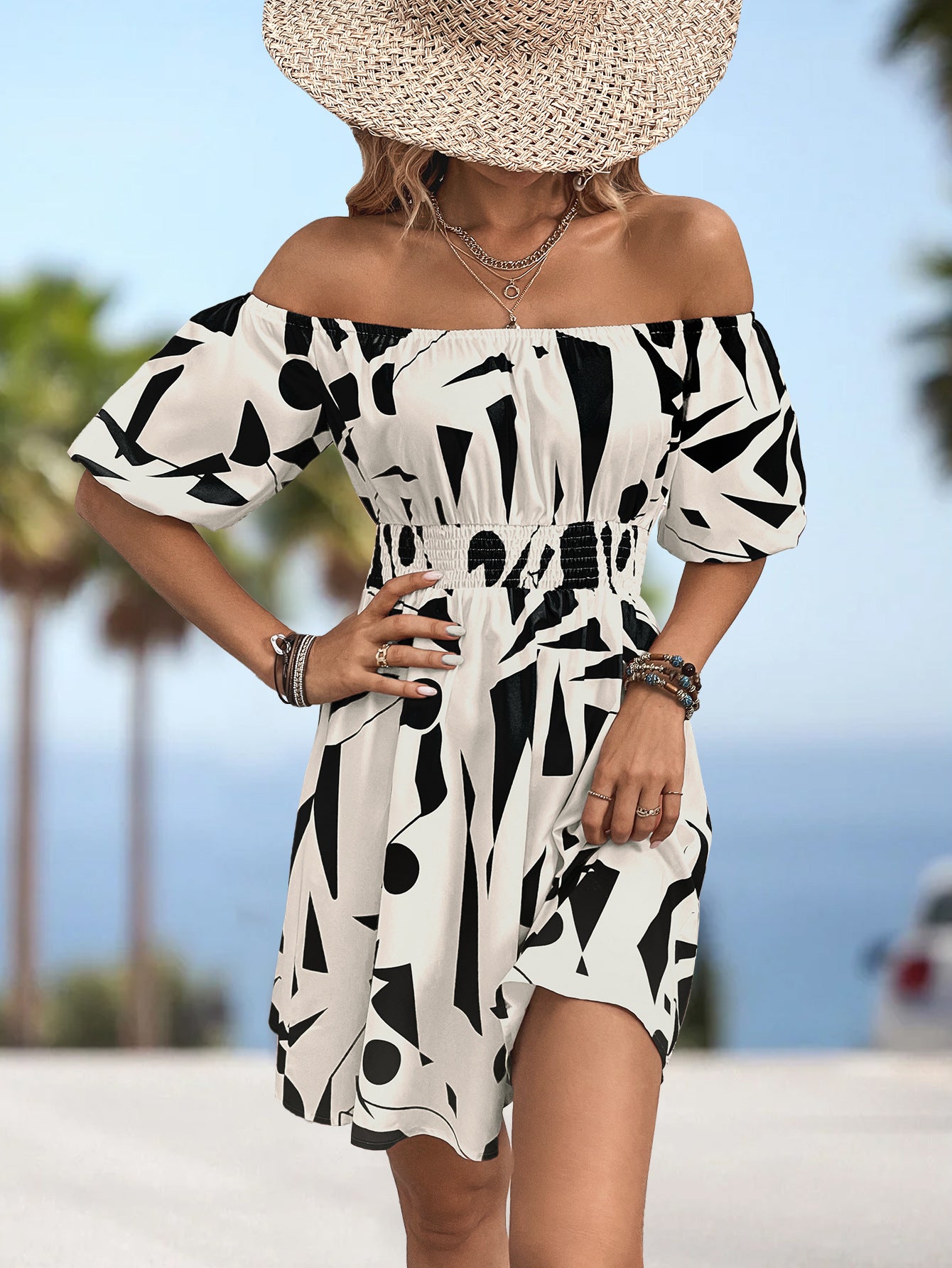 Printed Off-Shoulder Smocked Waist Dress - Tantalize Boutique